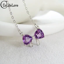 Милая серебряная подвеска из хрусталя настоящая серебро 925 пробы натуральный аметист подвеска с бантом ювелирные украшения для девочек