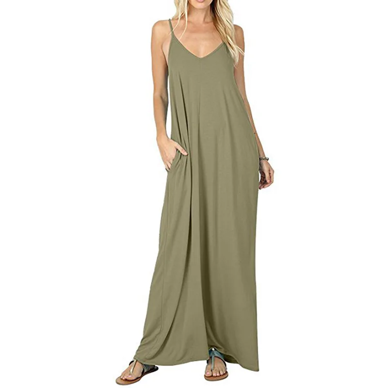 

Women's Summer Sundress Spaghetti Strap Pocket Summer Dress 2019 Casual Sleeveless V-Neck Maxi Dress Long Dres Woman robe femme