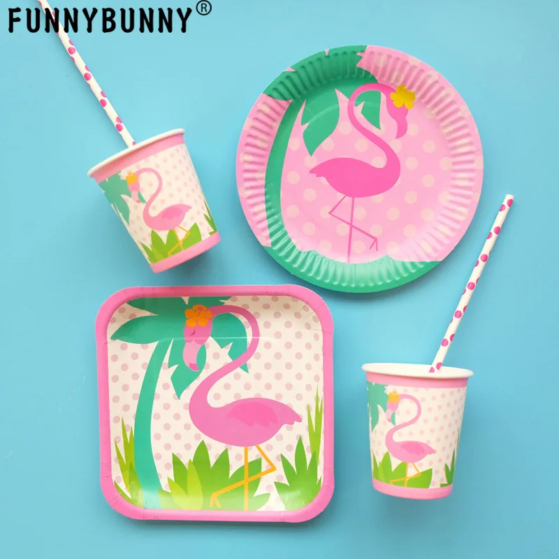 

FUNNYBUNNY 7 inch Disposable Dinnerware Flamingo Round and Square Paper Plates Cups Party birthday Supplies (8 count)
