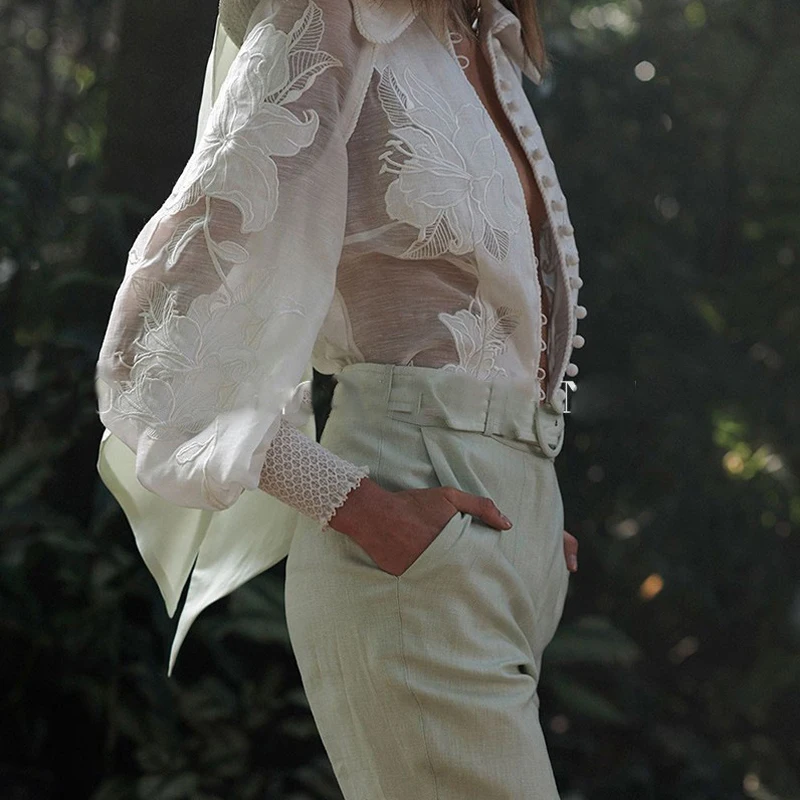 Подиумная дизайнерская кружевная сетчатая открытая вышивка сексуальные белые женские топы с пышными рукавами свободные летние блузки праздничные рубашки для отпуска