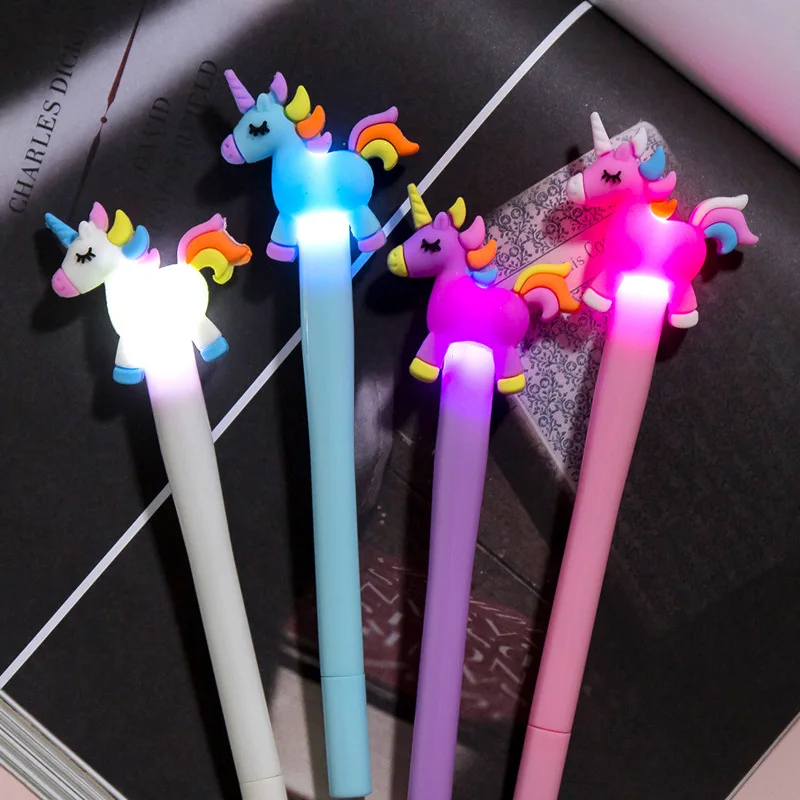 

1 Pcs Creative Cartoon Unicorn Light Pen Cute Glowing Pony Gel Pen Student Stationery 0.38mm Writing Tool School Supplies