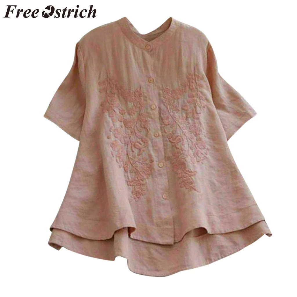 

FREE OSTRICH Women Shirts Large Size Solid Color Cotton Button Embroidered Short Sleeve Dignified Elegant Summer Blouse Shirts