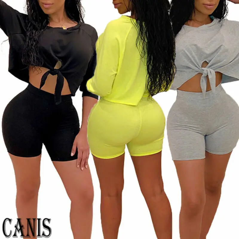 

Summer Women 2PCS Sport Outfits Running Crop Tops Shorts Pants Yoga Jumpsuit