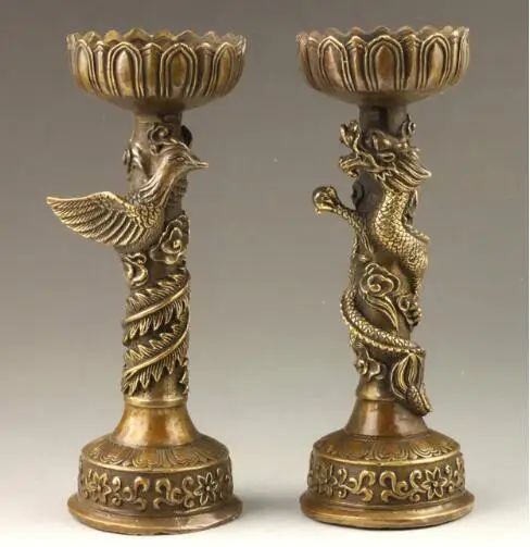 

Chinese Handmade Fine Dragon And Phoenix Bronze Candlestick Pair
