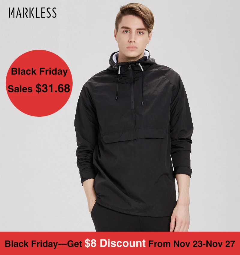 Markless Pullover Hooded Jackets Men Slim Casual Black