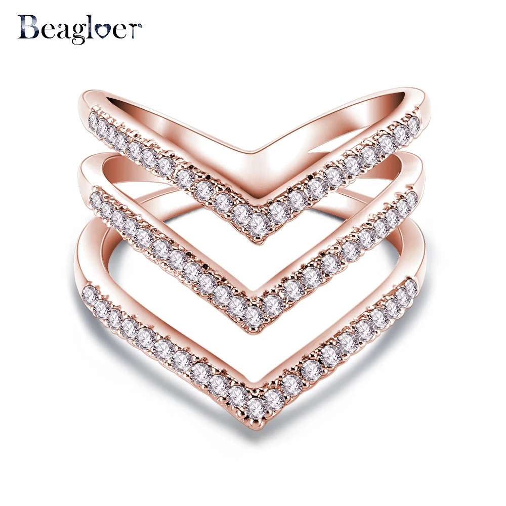 

Promotion Sale Beagloer 2017 New Fashion Ring Rose Gold Color Trendy Three V Shape Ring for Women CRI1034