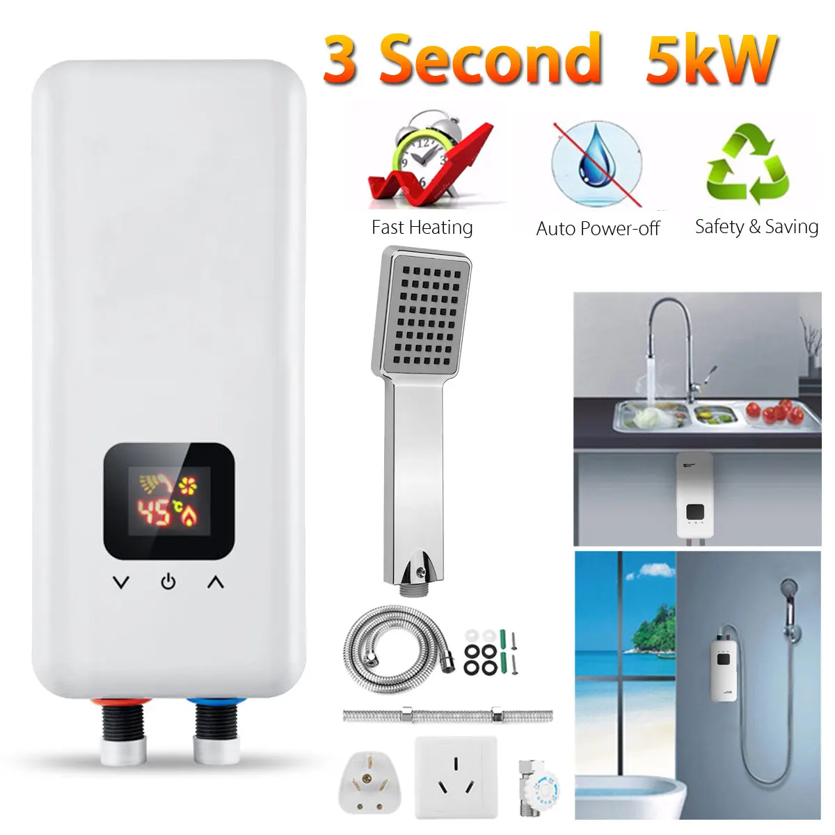 

warmtoo New High Quality 5500W Bathroom Electric Instant Tankless Tap Faucet Hot Water Heater System Set
