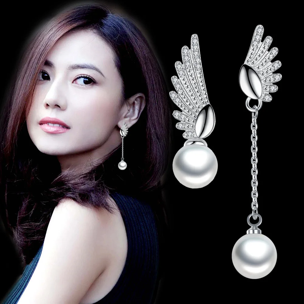 

100% 925 sterling silver fashion imitation pearl angel wings crystal ladies`stud earrings women jewelry Christmas gift cheap