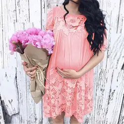 Для женщин одноцветное для беременных с круглым вырезом короткий рукав кормящих ажурный с прорезями платье для беременных