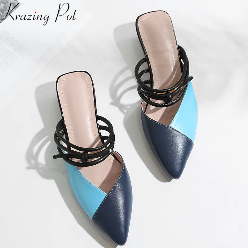 

Krazing Pot cow leather mixed colors gorgeous slip on European designer sandals square med heels shallow comfortable mules L59