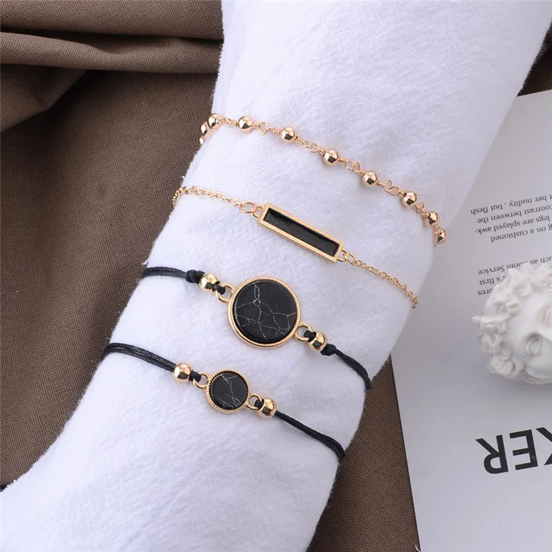 LETAPI 4 pcs/set Bohemia Rose Gold Color Black Stone Bracelet Set Fashion Jewelry for Woman Dropshipping