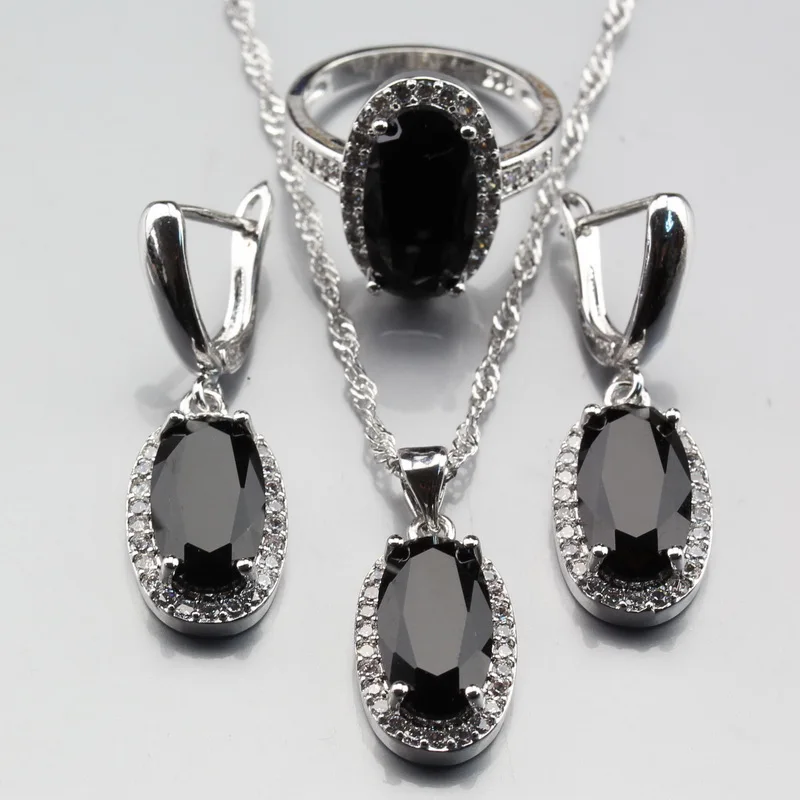 

Manny Trinket Unique Magic 925 Silver Black Zircon Oval Jewelry Sets For Women Ring Size 6/7/8/9/10 JS406