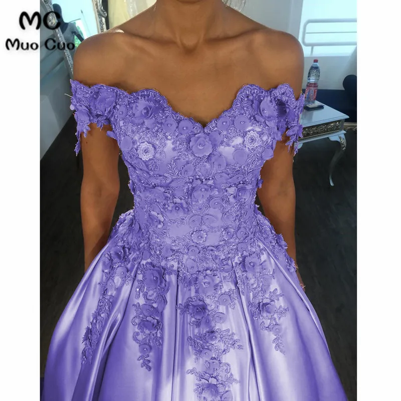 Elegant Ball Gown 2020 Off Shoulder Prom dresses Long with Appliques Flowers Beaded Short Sleeve Evening Prom Dress for Women