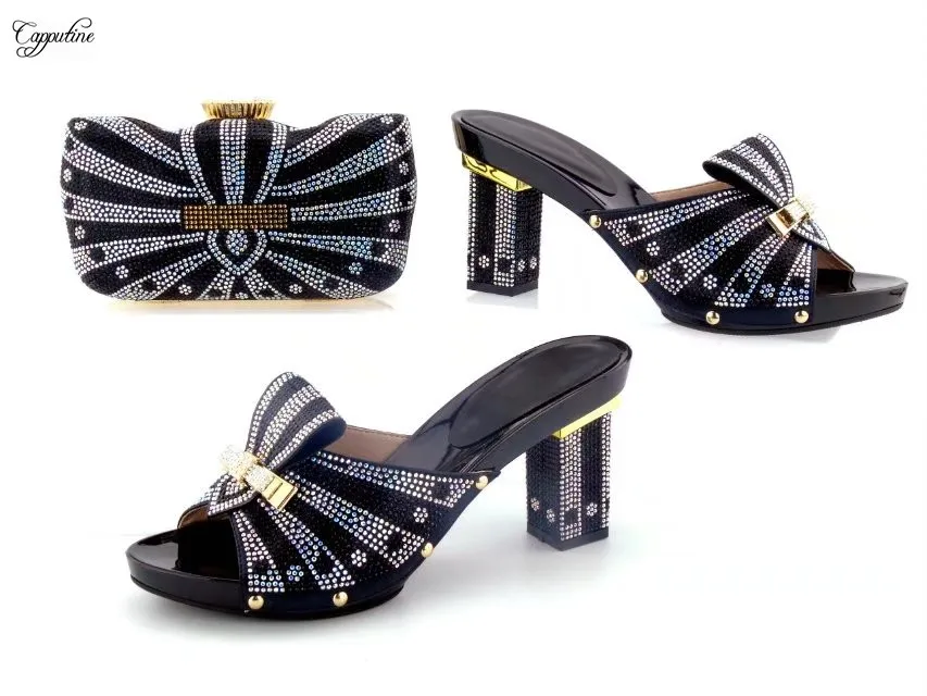 Charming fuchsia Italian pattern squared high heel sandal shoes and purse bag set with stones 214-16, heel height 9cm