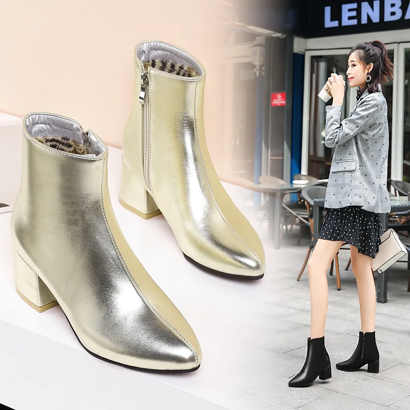RQFF Brand Winter Boots Women With Box Big size 34-43 Shoes Woman 6CM Heel Ankle Boot Female Footwear Gold Leather Ladies Shoe (22)