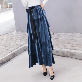 

2019 Spring New Arrival Patchwork Layer Skirt With Bow Tie Gold Velvet Long Pleated Skirt 5 Colors Available Free Shipping