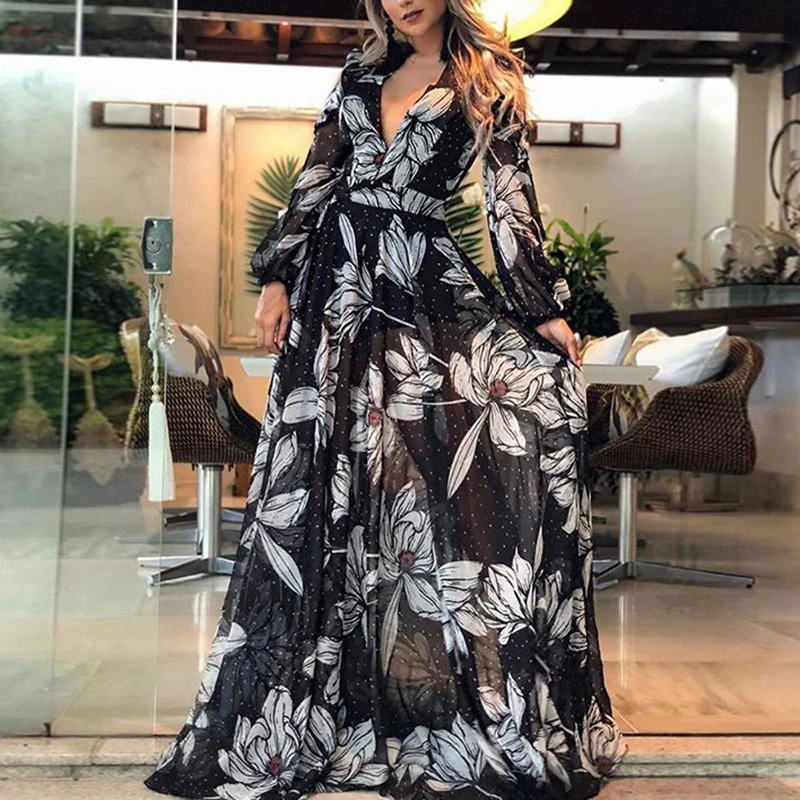 

Women Clothing Fashion Sexy Dress Deep V-Neck Printed Long Sleeve Dress Cocktail Party