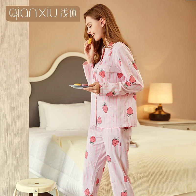 

women's Pajamas Sets Autumn Women cottonPajamas Sleepwear Plus Size V-neck Loose Pyjamas Nightwear Homewear Suit 18146