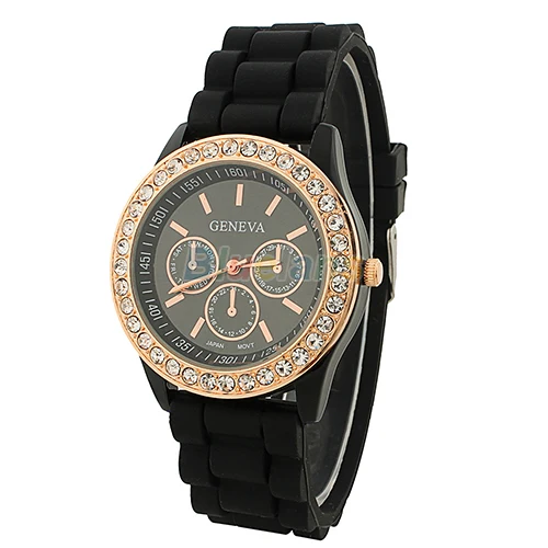 Fashion Geneva Wristwatch Vintage Golden Crystal Rhinestone Watches Silicone Strap Quartz Wrist Watch for Ladies Women 026C