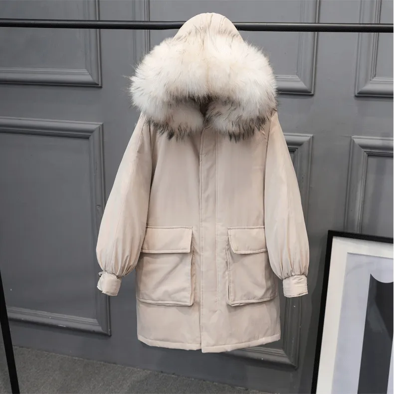 Зимняя женская куртка-пуховик на белом утином пуху, теплый большой меховой воротник с капюшоном, толстая длинная пуховая парка, пальто, Женская одежда оверсайз SF1109