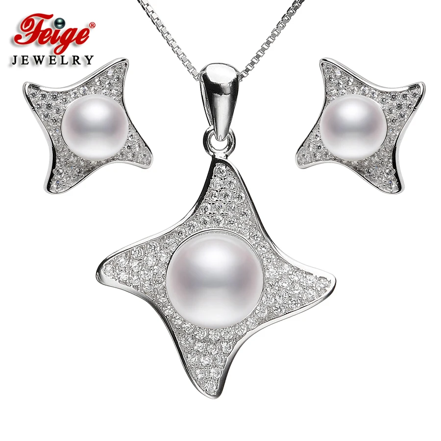 

Star-shaped Pearl Jewelry Sets For Women's White Natural Freshwater Pearls Pendant Necklace And Earrings Sets Fine Jewelry
