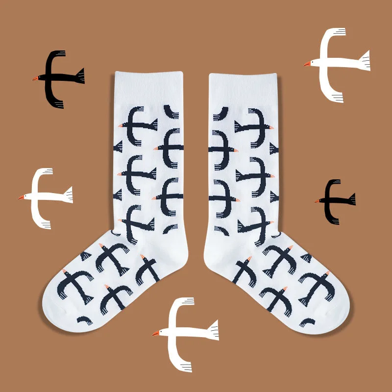 Мужские носки из чесаного хлопка, цветные, счастливые, модные, повседневные носки, белые, черные, животные, Чайка, носки с космическим граффити, в полоску, забавные, meias - Цвет: White Seagull Socks