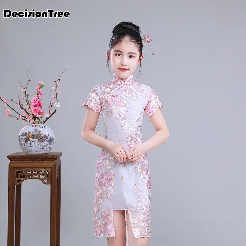

2019 new children wedding cheongsam chinese vintage dress flower girl piano red qipao tassel embroidery satin dress