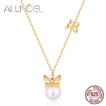 

ALLNOEL 2019 Real 925 Sterling Silver Pearl Choker Necklace For Women 9K Gold Minimalist Butterfly Pendant Necklaces Chain New