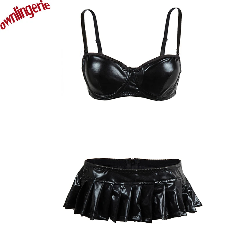 high quality Leather Wetlook Bra with Mini Skirt Party Club Erotic ...