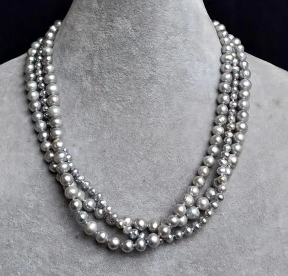 

3 Strands Gray Color AA 5-9MM Real Freshwater Pearl Necklace Triple Strand Pearl Jewellery Handmade Woman 's Pearl Jewelry