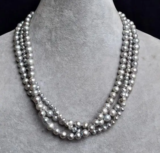 50" 3Strds grayPearl Crystal Necklace