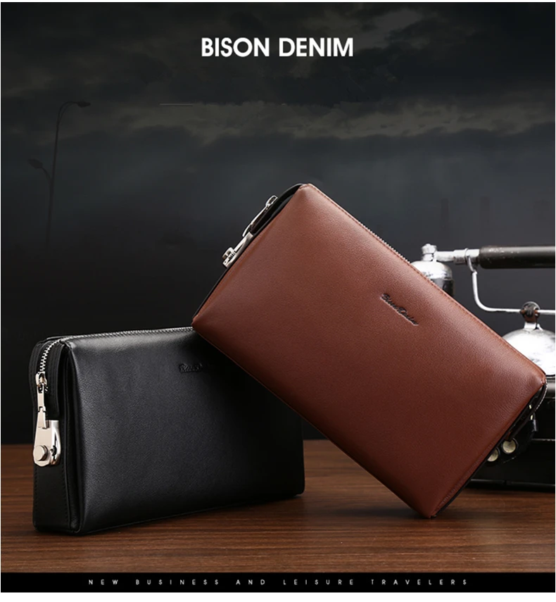BISON DENIM, натуральная кожа, мужской клатч, кошельки, модный мужской кошелек на молнии, мужской кошелек, Длинный кошелек для телефона, мужской клатч N8015