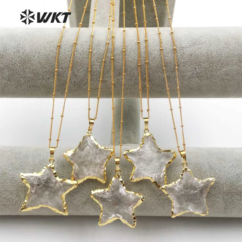 

WT-N1119 Sparkly Exquistite Cute Super Star Shape Natural Crystal With Gold Dipped Pendant Necklace Romantic Women Necklace