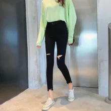 S-xl Осень корейский стиль Высокая талия обтягивающие рваные джинсы карандаш для женщин Нерегулярные джинсы черные из денима брюки женские(Z8705