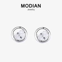 Modian, Новое поступление, очаровательные, в стиле панк, настоящее 925 пробы, серебряные, прозрачные, кубический цирконий, круглые, на удачу, серьги-гвоздики для женщин, серебряные ювелирные изделия
