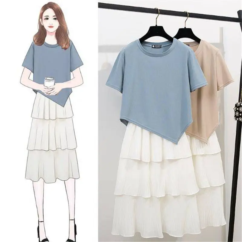 

2019 New Summer Fashion Women Sets Female Irregular Short Sleeve Shirts + Solid Dress 2 Piece Set Ladies Vintage Style Suits F09