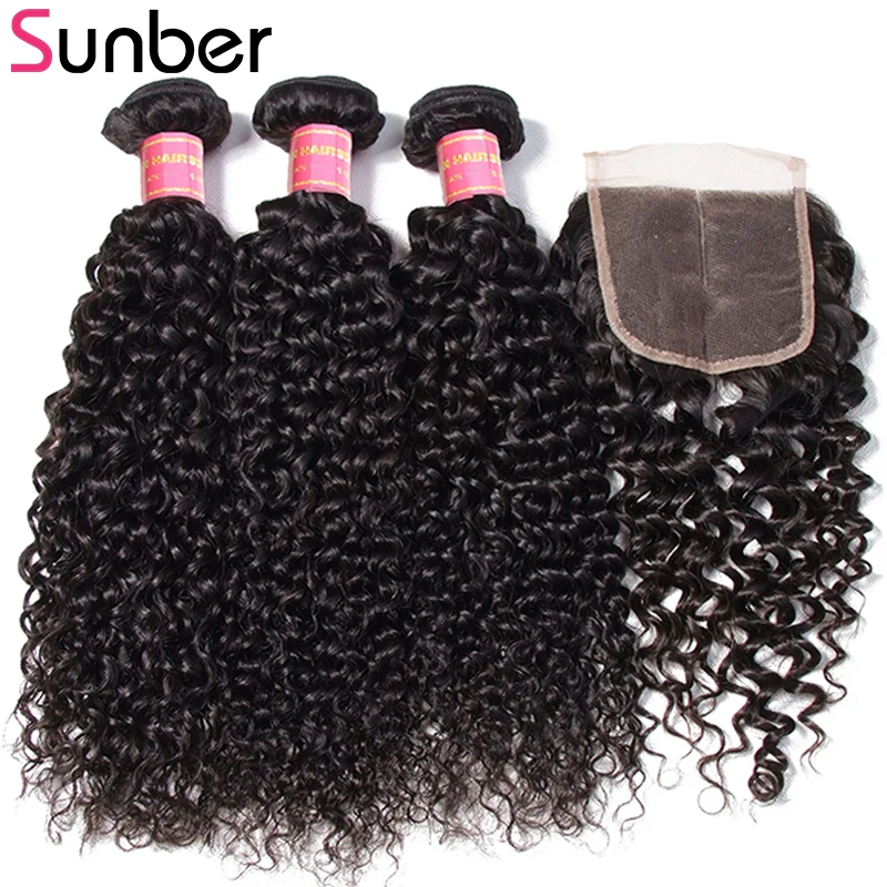 Sunber Brazilian Curly Hair Bundles With Closure Remy Human Hair Weave Bundles With Closure Kinky Curly Bundles With Closure