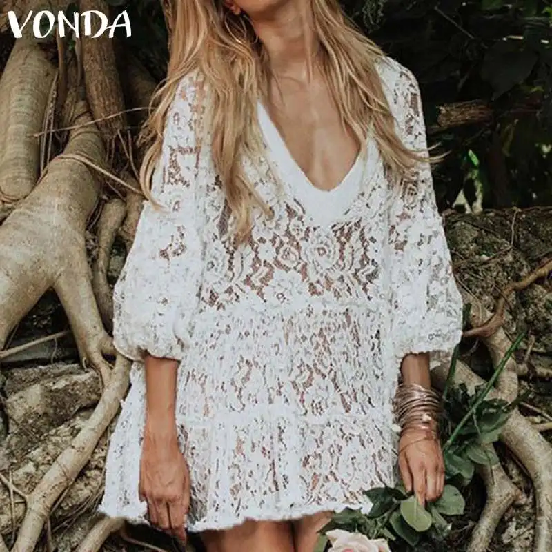 

Bohemian Lace Dress VONDA 2019 Women Sexy V Neck Hollow Out Casual Summer Maternity Pregnancy Dresses Beach Party Sundress