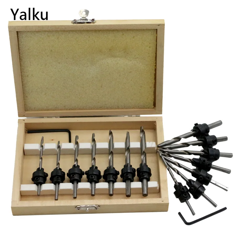  Yalku Wood Drilling Bit Set 5/8pcs Twist Drill Bit Set+Mini Wrench Power Tool Countersink Drill HSS