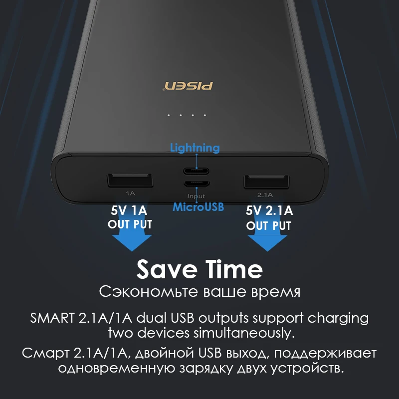  Banco de energía PISEN 20000mAh 2.1A batería externa carga rápida Dual USB doble entrada Micro PORT