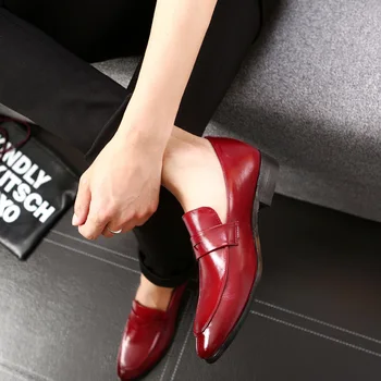 

M-anxiu Solid Color Low Heel Leather Business Shoes Mens Slip-on Loafers Formal Dress Shoes Big Size for Wedding Party
