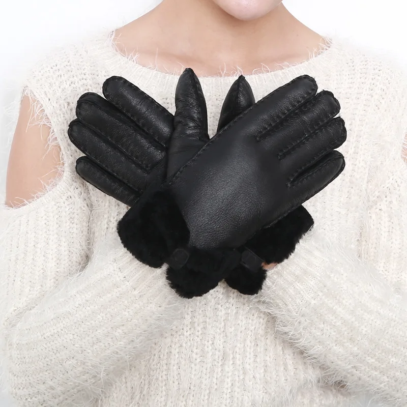 Зимние перчатки женские новые дизайнерские Тяжелые кожаные шерстяные меховые перчатки милые девочки из овчины очень теплые зимние варежки