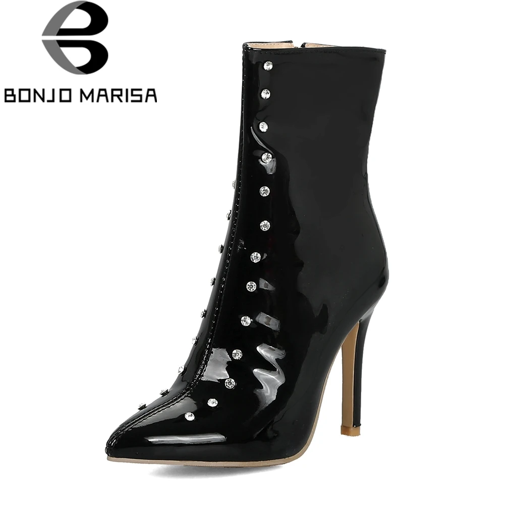 

BONJOMARISA Plus Size 33-47 Brand Crystal mid-calf Boots Women Autumn 2019 Patent Pu Fur High Heels Shoes Woman Party Footwear