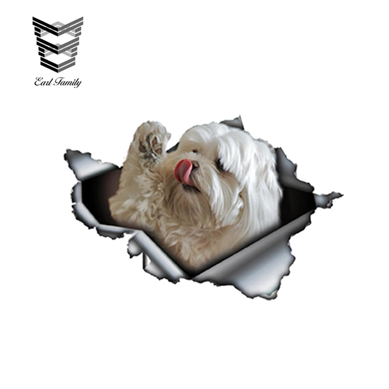 

EARLFAMILY 13cm x 8.55cm 3D Maltese Torn Car Sticker Pet Dog Car Decoration Torn Metal Decal Reflective Car Styling Funny Animal
