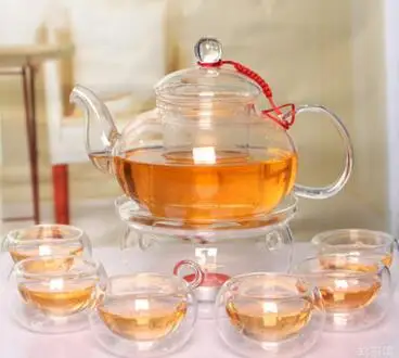 Горячая Распродажа, китайский стеклянный чайный сервиз, 1 чайный сервиз с 6 двойными стенками, 600 мл, термостойкая стеклянная чайная посуда, набор