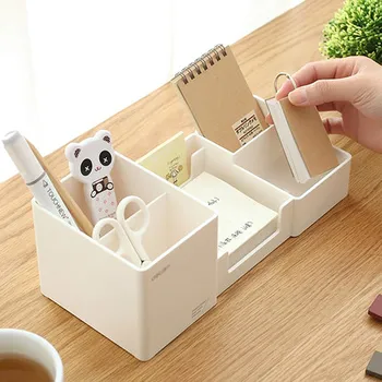 

Deli 9118 multi-function pen holder desktop storage box black-white plastic multi-spaced desk