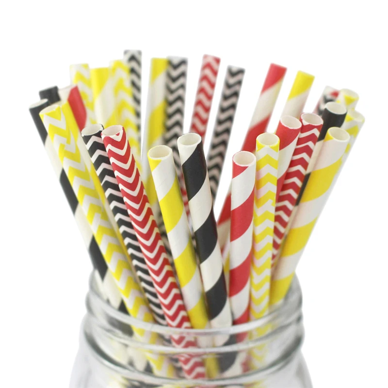 

150pcs Red Black Yellow Striped Chevron Mickey Paper Straws Biodegradable Drinking Straws for Birthday Wedding Party Decorations