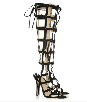 

New arrival sexy cut-outs knee high gladiator lace-up women high heel sandals hollow out thin heel sheos YP01#