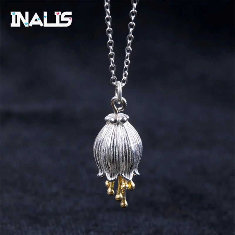 

INALIS New Real 925 Sterling Silver Natural Creative Handmade Fine Jewelry Fresh Bell Flower Pendant for Women Chain Necklace