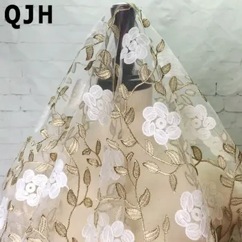 

High-end 1yard Two-color Embroidery Lace Fabric DIY Material Wedding dress Accessories classic flower women's white&gold fabrics